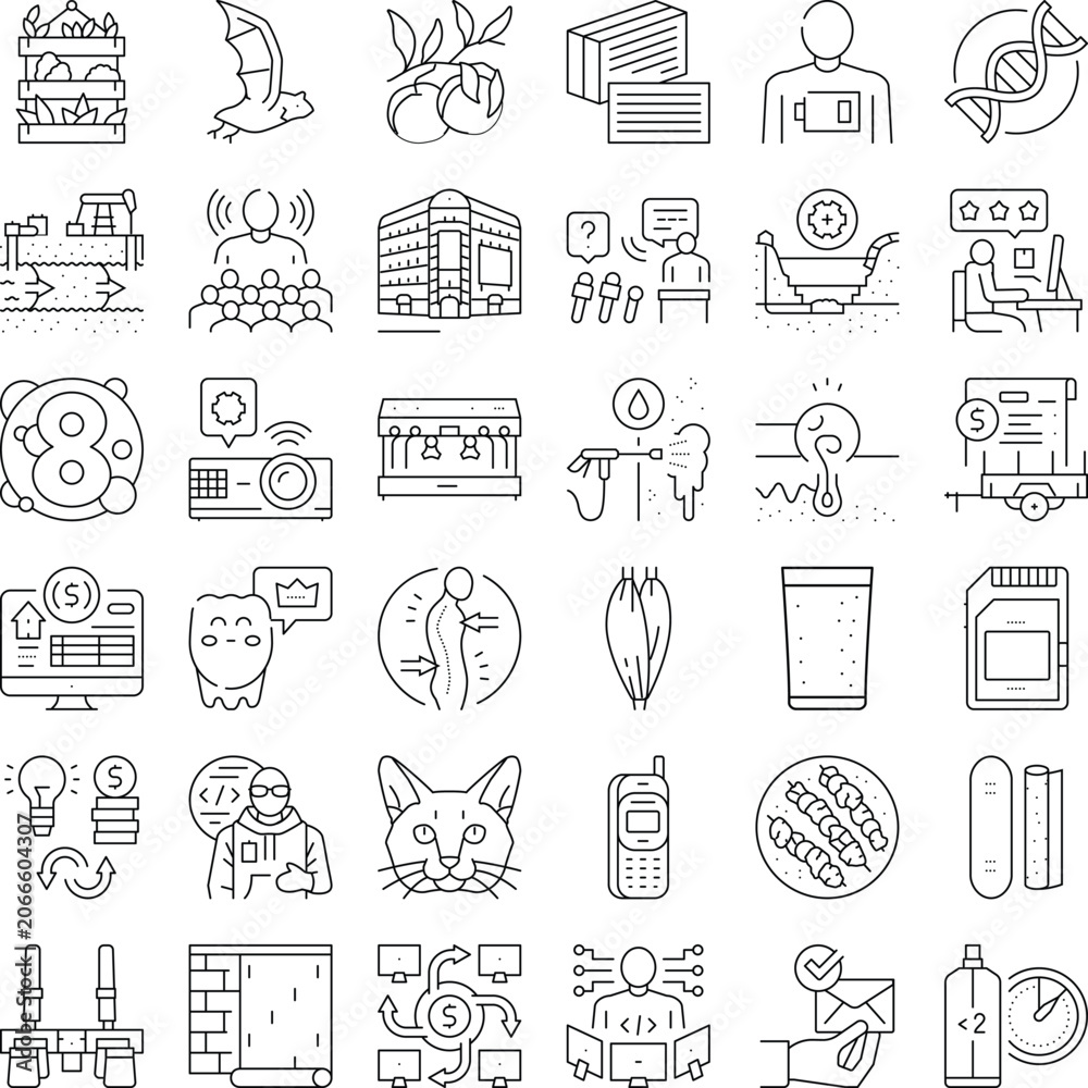 Naklejka premium Diverse set of outline vector icons covering business, technology, science, health, communication and lifestyle, clean line symbols for web, app, presentations and digital projects
