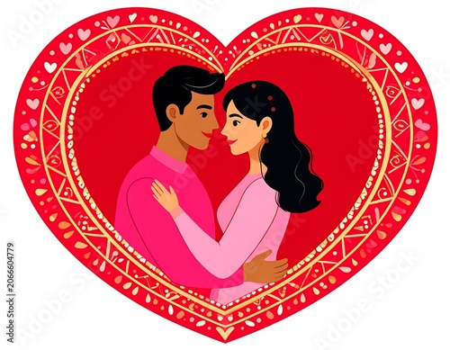 A cartoon illustration of a man and woman embracing within a large red heart