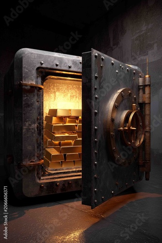 A heavy, vintage iron vault door stands open, revealing stacks of glowing gold bullions securely stored inside.