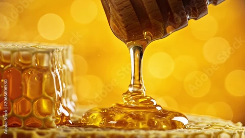 Honey dripping from dipper onto fresh honeycomb