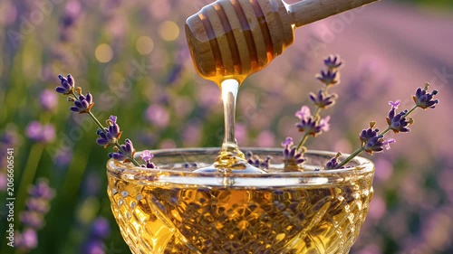 Honey dipper with bowl of honey and lavender.