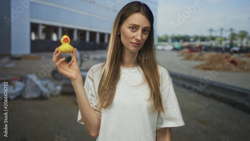 Obraz na plátně Woman holding yellow rubber duck between fingers at a building construction site, visible bare hand and neutral expression; skepticism contrast
