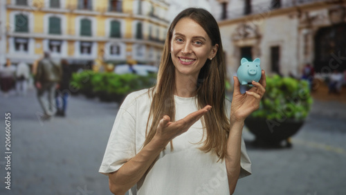 Photos Woman holding blue piggy bank on street in front of building, smiling and presenting the coin bank to camera; personal savings optimism