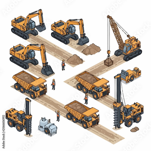 Construction equipment and workers on a building site isometric illustration.