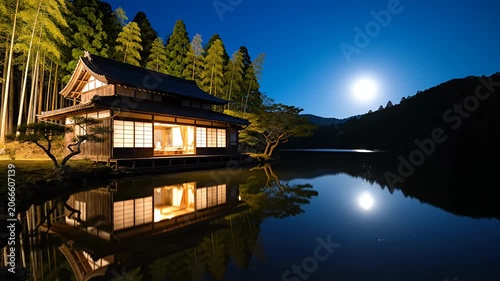 Japanese house by lake with full moon at night
