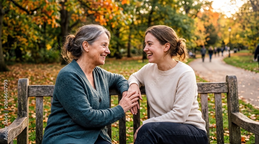Fototapeta premium family bonding moments, a mother and daughter share a heartfelt conversation on a park bench