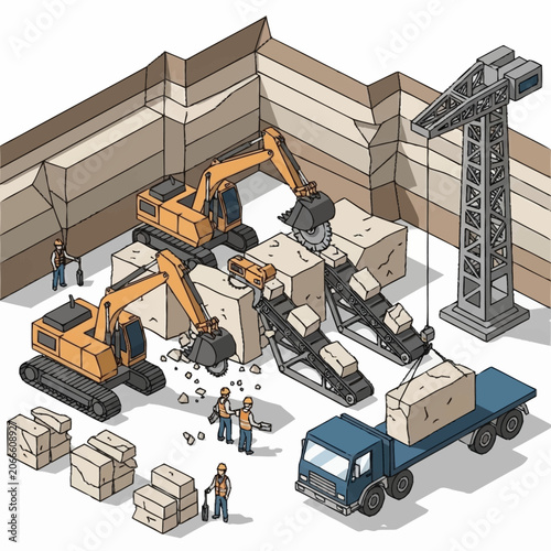 Construction site with excavators and crane working on site.