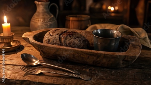  A wooden trencher with dark bread and a tin cup, cutlery reflecting warm light. 
