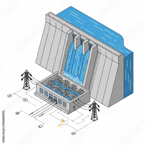 Hydroelectric Power Plant Diagram Showing Water Flow and Turbines.