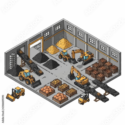 Industrial warehouse with heavy machinery and materials.