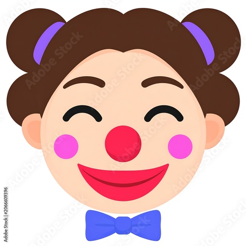A cartoon illustration of a smiling girl with brown hair in two buns, rosy cheeks, and a red nose