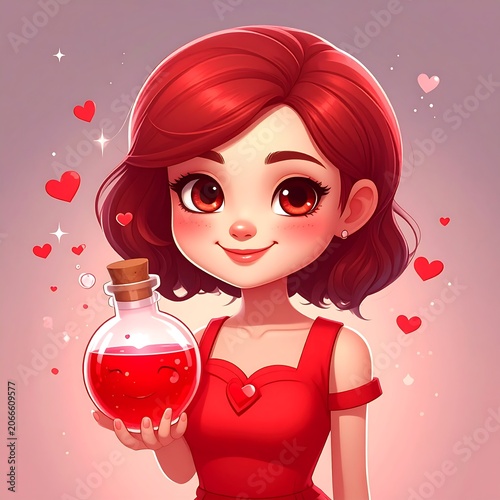 A cartoon illustration of a smiling girl with red hair and dress holding a glass bottle filled with red liquid surrounded by hearts