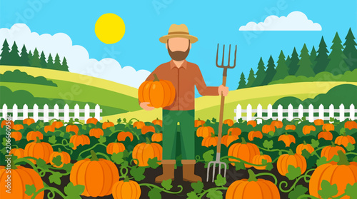 Canvastavla Farmer with Pumpkin and Pitchfork in an Autumn Pumpkin Patch Landscape