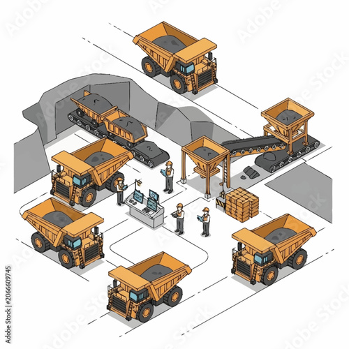 Mining operation with trucks and conveyor belt system.