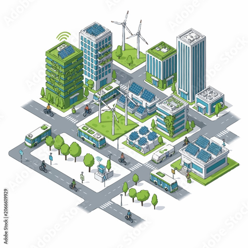 Modern Eco City with Sustainable Buildings and Renewable Energy Sources.