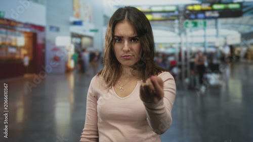 Photos Woman beckoning with hand in airport terminal, frowning with clenched fingers and intense stare; impatience demand