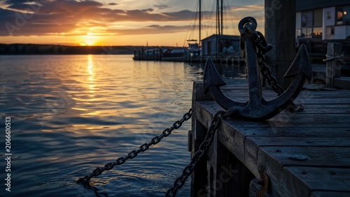 A heavy iron anchor on a wooden dock at dusk, chain leading into dark blue water. 