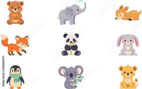 Photography Set of cute cartoon baby animals including bear elephant deer fox panda rabbit p