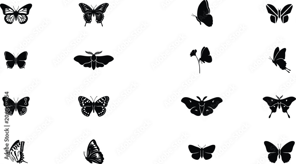 Fototapeta premium Set of solid black butterfly silhouettes including flying moths side view wings open and insect shapes isolated on white background vector illustration
