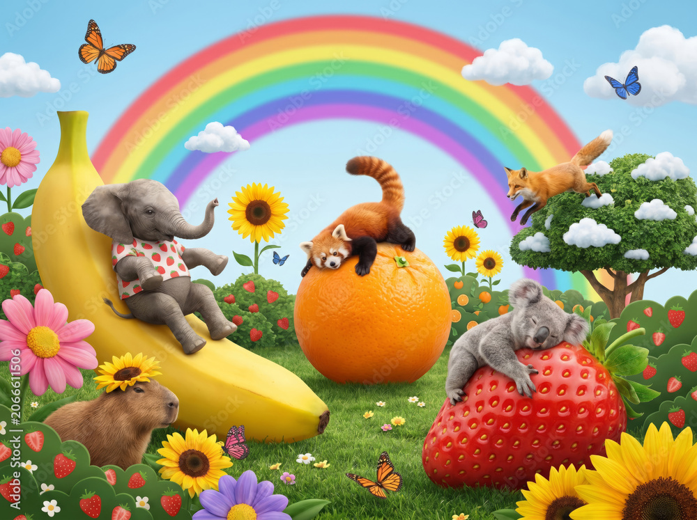 Fototapeta premium Whimsical Animal Friends Under a Rainbow in a Fruity Meadow.
