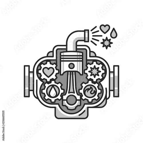 Mechanical piston icon with heart water and fire symbols.