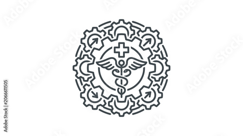 Circular medical caduceus emblem with industrial gear border.