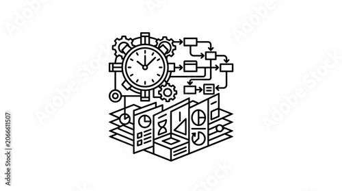 Isometric icons of productivity tools and time management elements.