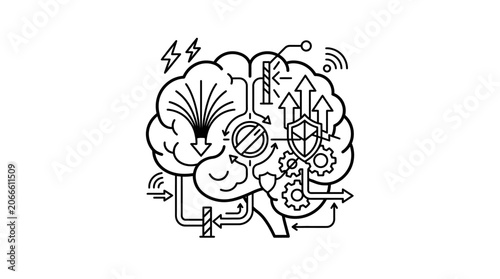 Cognitive brain icon with protection shield and energy symbols.