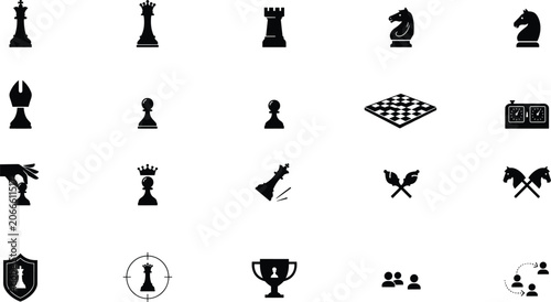 Photos Set of solid black chess game icons including king queen rook knight bishop pawn