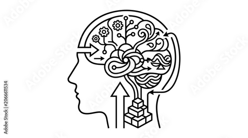 Artistic brain profile with floral and geometric structures.