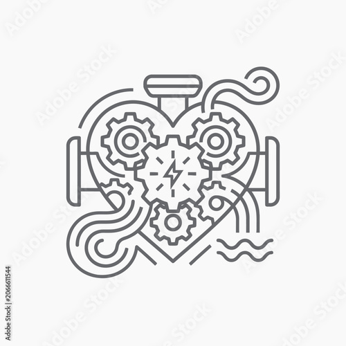 Linear heart engine icon with internal gears and lightning.