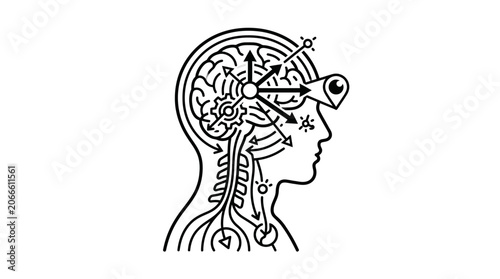 Profile head icon with brain gears and focus beam.