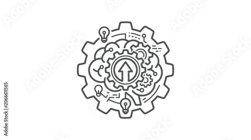 Cogwheel icon with upward arrow and innovation symbols.