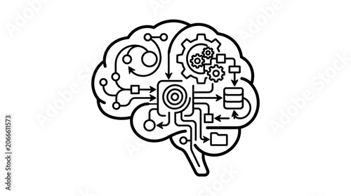 Minimalist brain icon with gears and digital storage symbols.
