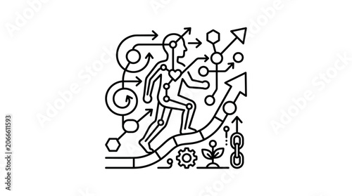 Abstract figure navigating complex pathway and growth symbols.