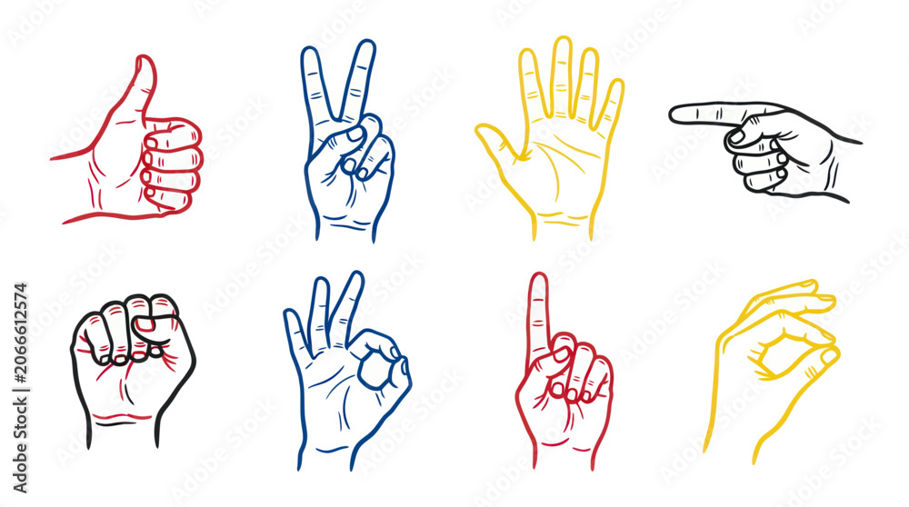 Fototapeta premium Set of Hand Gestures Icons: Thumbs Up, Peace Sign, Open Palm, Pointing Finger