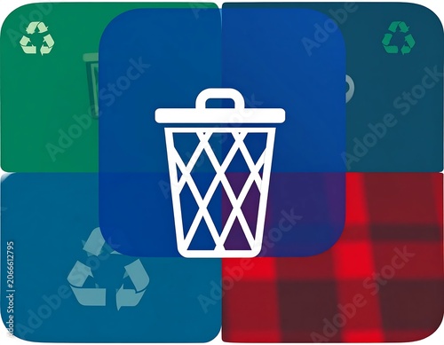 Colorful Recycling Icons Surrounding White Trash Bin Symbol on Abstract Digital Background