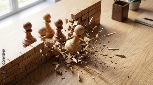 Chess Strategy Business Disruption Wooden Pieces Breaking Brick Wall Office Desk Innovation Concept