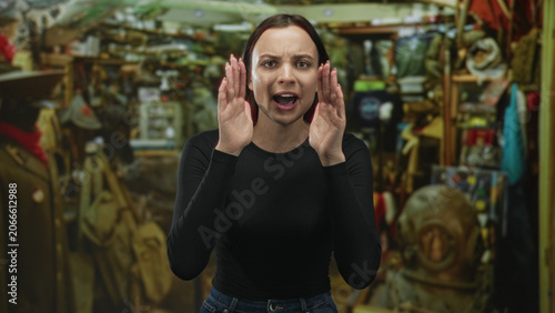 Fotografie Woman with hands cupped to shout at a vintage diving helmet and crowded clothing racks in an indoor shop building; frustration