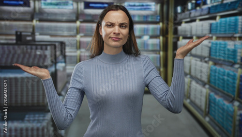Photos Woman palms up shrugging in retail building aisle surrounded by shelves and packages; confusion choice