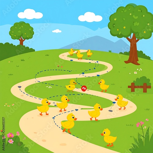 A cartoon illustration of a winding path with yellow ducklings and footprints leading through a green landscape with trees, flowers, and a distant mountain range under a blue sky
