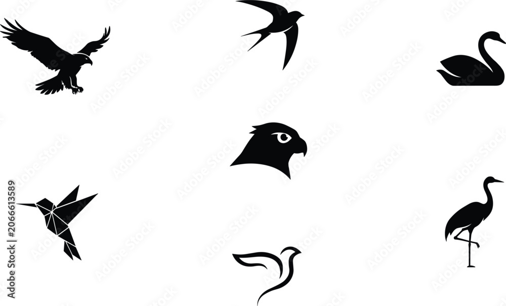 Fototapeta premium Wild birds black silhouettes vector icons set featuring flying eagle swallow swan hummingbird flamingo hawk and dove symbols isolated on white background