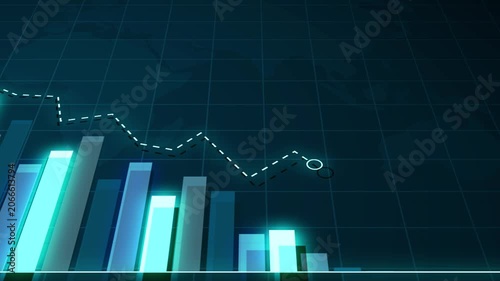Declining bar chart with downward trend, Blue bar chart with falling line graph decline in business data, finance performance and analytics animation