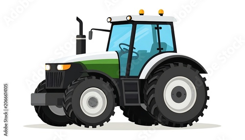 A cartoon-style tractor with green, white, and black colors and large tires