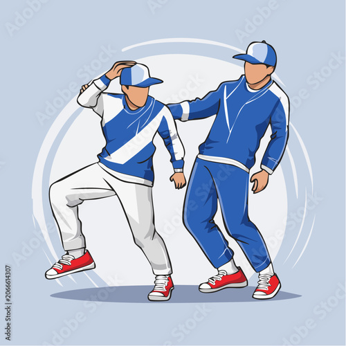 Two men in blue and white sportswear dancing