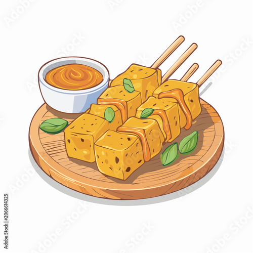 Tofu Skewers with Dipping Sauce and Basil Leaves