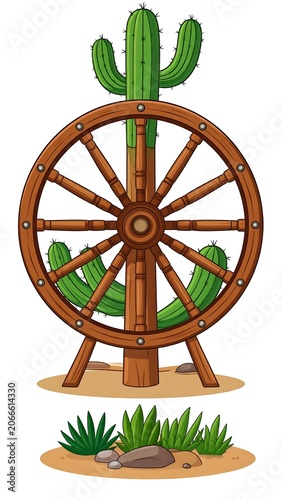A cartoon-style wagon wheel with cactus on top in desert