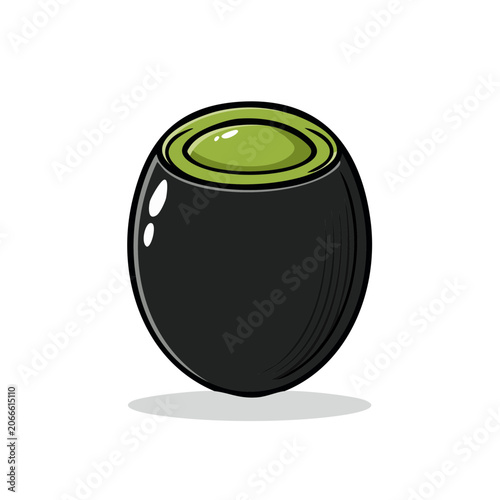 Stylized black olive with green pitted center and subtle shadow on white background