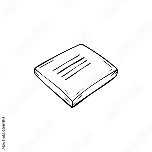 Hand-drawn illustration of a closed notebook with lined pages and a simple cover.