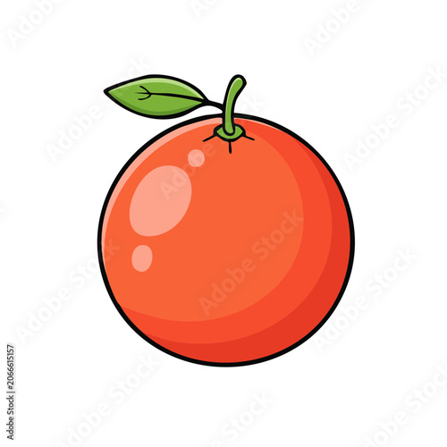 Simple Cartoon Orange with Green Leaf and Stem Isolated on White Background